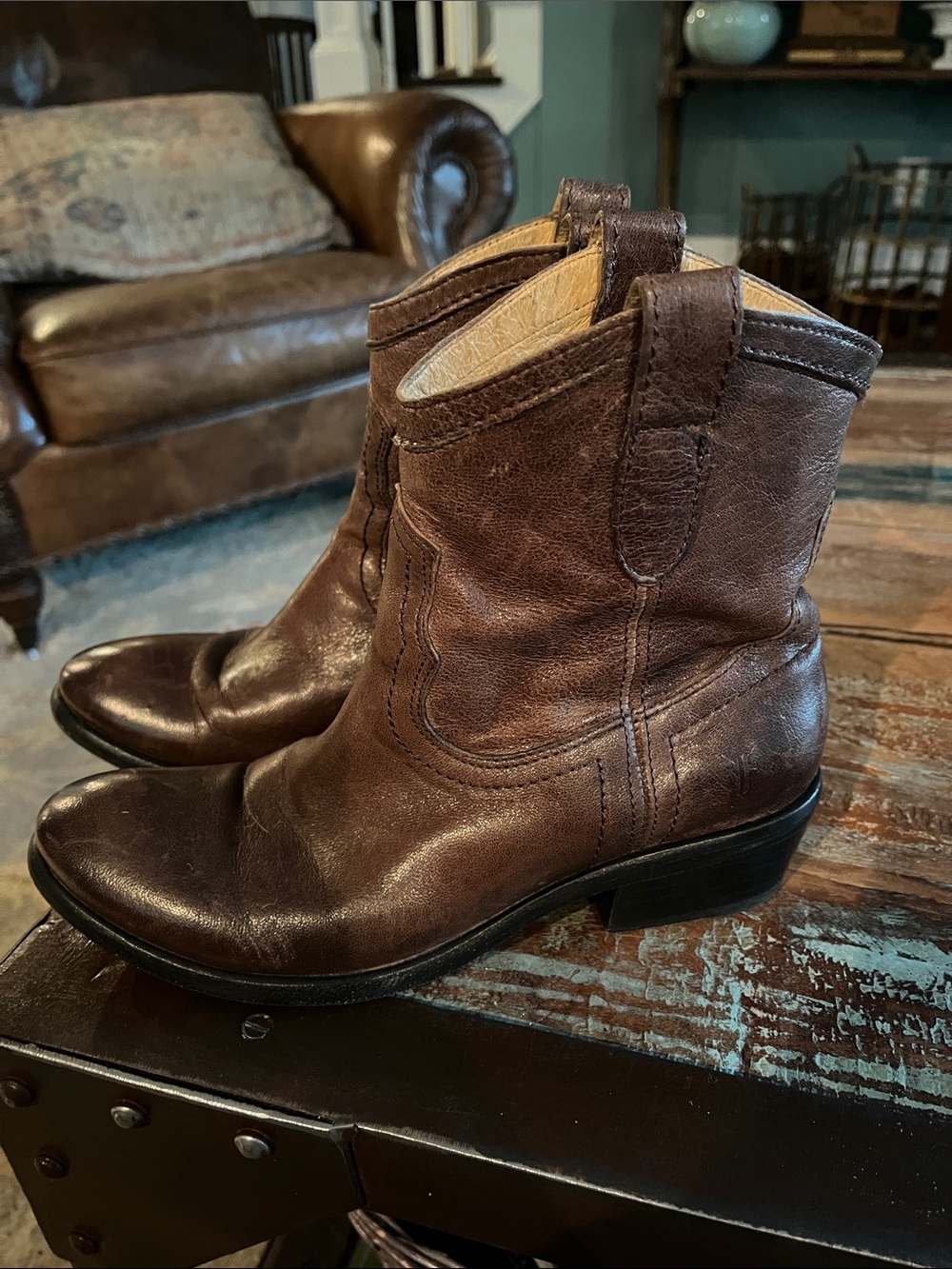 Frye Carson Shortie Boots Brown Leather Cowboy Boots Sz 5.5 Womens